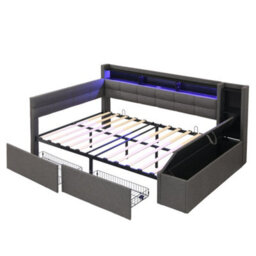 Merax 4Ft6 Double Daybed 135X190 Cm, Linen Upholstered Sofa Bed With Led, Usb, 2 Drawers & Headboards, Storage Bench, Grey - thumbnail 8