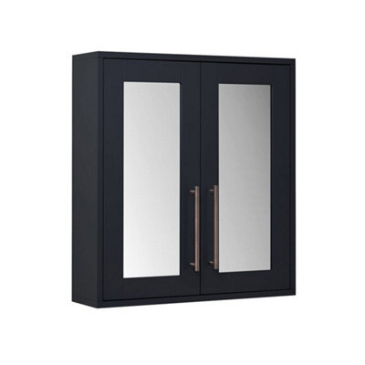 Homestylestore 600 X 650mm Black Grey Wall Mounted Mirrored Door Bathroom Cabinet With Aged Bronze T Bar Handles - image 1