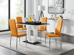 Furniturebox Giovani Rectangular 4 Seat White High Gloss Dining Table With Black Glass Top And Unique Halo Base With 4 Mustard Milan Chairs