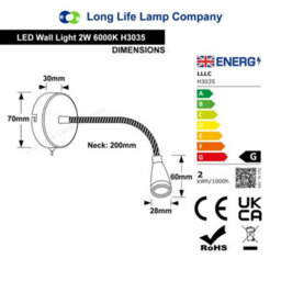 Long Life Lamps Company Led Bedside Reading Wall Light Switched Flexible Arm Headboard Light H3035 Cool White - thumbnail 2