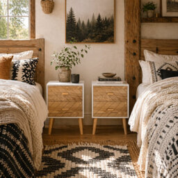 Wyld Haus Hafane Set Of 2 White And Natural Bedside Tables With 2 Chevron Drawers - thumbnail 1