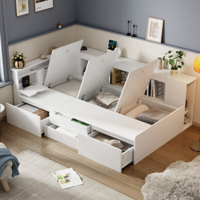Single Bed-3Ft(90X190Cm), Single Bed, Multifunctional Bed With Drawers, Bookcase And Storage Cupboard, Without Mattress, White - image 1