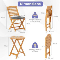 Costway 3 Pcs Outdoor Folding Bistro Set Garden Chair And Table Set-Grey - thumbnail 2