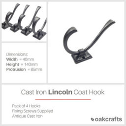 Oakcrafts - Antique Cast Iron Lincoln Coat Hook - Pack Of 4 Hooks - thumbnail 2