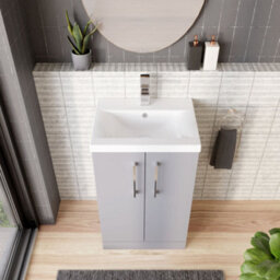 Balterley Level Modern Bathroom Floor Standing 2 Door Vanity & Mid-Edge Ceramic Basin, Satin Grey, 500mm - thumbnail 3