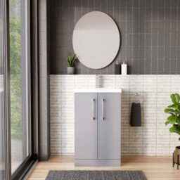 Balterley Level Modern Bathroom Floor Standing 2 Door Vanity & Mid-Edge Ceramic Basin, Satin Grey, 500mm - thumbnail 2