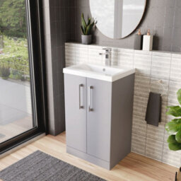 Balterley Level Modern Bathroom Floor Standing 2 Door Vanity & Mid-Edge Ceramic Basin, Satin Grey, 500mm - thumbnail 4