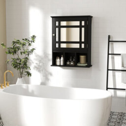 Wall-Mounted Bathroom Cabinet Storage Organizer W/mirror Doors-Black - thumbnail 4