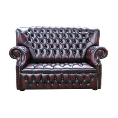 Chesterfield 2 Seater Buttoned Seat Sofa Antique Oxblood Leather In Monks Style - image 1