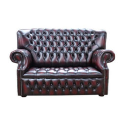 Chesterfield 2 Seater Buttoned Seat Sofa Antique Oxblood Leather In Monks Style - thumbnail 1