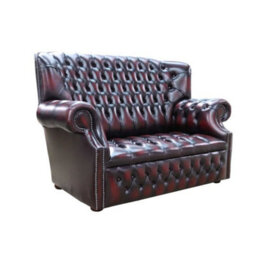 Chesterfield 2 Seater Buttoned Seat Sofa Antique Oxblood Leather In Monks Style - thumbnail 2