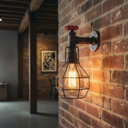 " Retro Industrial Water Pipe Wall Light E27 Brushed Copper Metal Cage Wall Lamp" - thumbnail 4