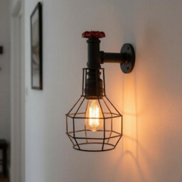 " Retro Industrial Water Pipe Wall Light E27 Brushed Copper Metal Cage Wall Lamp" - thumbnail 5