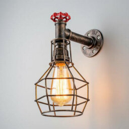 " Retro Industrial Water Pipe Wall Light E27 Brushed Copper Metal Cage Wall Lamp" - thumbnail 1