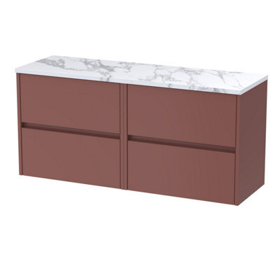 Balterley Chartley Contemporary Wall Hung 4 Drawer Vanity Unit With Carrera Marble Laminate Worktop, 1200mm, Smoked Red - image 1