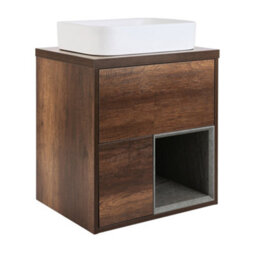 Homestylestore Dark Oak 594mm Led Lit Wall Hung Bathroom Vanity Unit Rectangular Chalk Countertop Basin Open Shelf