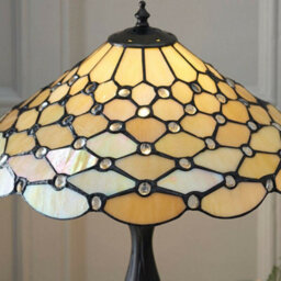 Tiffany Glass Table Lamp Light Dark Bronze & Rich Cream Geometric Shade I00226 - thumbnail 3