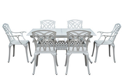Sh&g Chirk 6 Seat Dining Table Set - 7 Piece Extendable Table & Chairs - White Aluminium & Cream Cushions - Indoor & Outdoor - image 1
