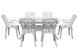 Sh&g Chirk 6 Seat Dining Table Set - 7 Piece Extendable Table & Chairs - White Aluminium & Cream Cushions - Indoor & Outdoor