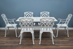Sh&g Chirk 6 Seat Dining Table Set - 7 Piece Extendable Table & Chairs - White Aluminium & Cream Cushions - Indoor & Outdoor - thumbnail 2