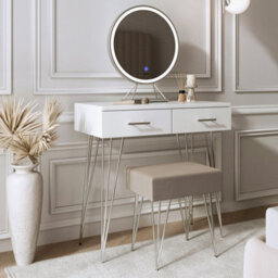 CARME Home Olivia Dressing Table With Stool Set - Makeup & Vanity Desk With Touch Sensor Led Light, Round Mirror, Drawers - White