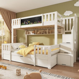 Btm Kids Staircase Bunk Bed With Drawers And Chalkboard, Solid Wood Storage Bunk Bed, 90 And 135 X 190 Cm, White - thumbnail 9