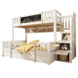 Btm Kids Staircase Bunk Bed With Drawers And Chalkboard, Solid Wood Storage Bunk Bed, 90 And 135 X 190 Cm, White - thumbnail 5