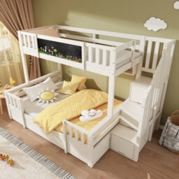 Btm Kids Staircase Bunk Bed With Drawers And Chalkboard, Solid Wood Storage Bunk Bed, 90 And 135 X 190 Cm, White - thumbnail 7
