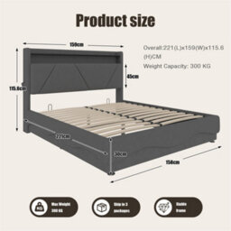 Abrihome Modern King Size Bed With Led Headboard & Under-Bed Storage, Usb Ports, Quiet Slatted Base & Side Pockets,150X200Cm, Grey - thumbnail 7
