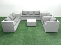Fimous Outdoor Rattan Sofa Garden Furniture Set 2 Armchairs Square Coffee Table 2 Side Tables Light Grey - thumbnail 2