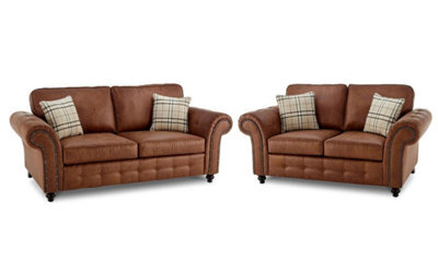 Oakland Suede Leather 3&2 Seater Sofa Set Tan Brown - image 1