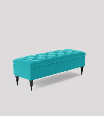 150Cm Safar Ottoman Bench With Storage And Turned Wooden Legs- Plush Velvet Shoes Bench - Teal Chesterfield Storage Bench - image 1