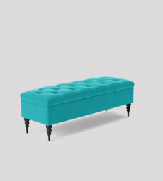 150Cm Safar Ottoman Bench With Storage And Turned Wooden Legs- Plush Velvet Shoes Bench - Teal Chesterfield Storage Bench