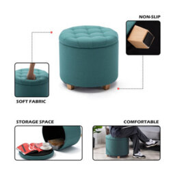 Hnnhome 45Cm Round Linen Padded Seat Ottoman Storage Stool Box, Footstool Pouffes Chair With Lids(Light Green) - thumbnail 2