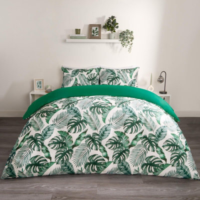 OHS Tropical Leaf Duvet Cover Reversible Bedding Set, Forest Green - Double - image 1