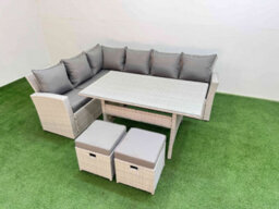 Fimous 8 Seater Rattan Garden Furniture Set Outdoor Patio Dining Corner Sofa Sets With Dining Table 2 Small Footstools Light Grey - thumbnail 2