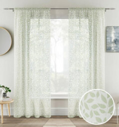 Tyrone Textiles Pair Of Willow Green Leaf Print On Linen Look Panels, With Rod Pocket Header 122 Cm