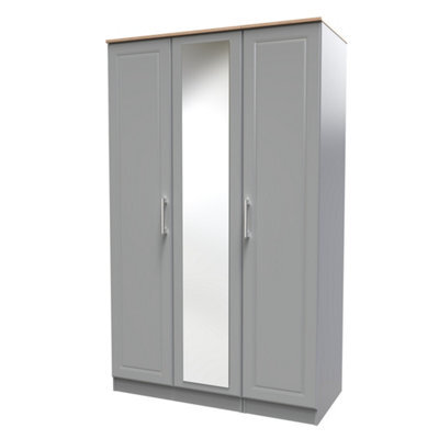 Sevilla Ready Assembled Traditional Matt Dusk Grey & Oak Large Triple Wardrobe With 1 Mirror Door (H)1825mm (W)1110mm (D)530mm - image 1