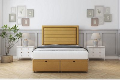 "Sloomy Ashford Mustard Plush Ottoman Bed Base With 26"" Strutted Headboard 4' Small Double" - image 1