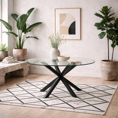 Wyld Haus Perth 119Cm Round Tempered Glass Dining Table With Matte Black Metal Cross Base Seats 4 - image 1