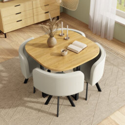 Btm 5 Piece Dining Set, 85X85Cm Square Dining Table With 4 Linen Chairs, Oak Finish And Beige Seats - thumbnail 3