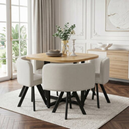 Btm 5 Piece Dining Set, 85X85Cm Square Dining Table With 4 Linen Chairs, Oak Finish And Beige Seats - thumbnail 2