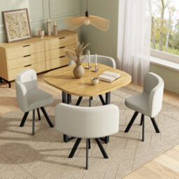 Btm 5 Piece Dining Set, 85X85Cm Square Dining Table With 4 Linen Chairs, Oak Finish And Beige Seats - thumbnail 4
