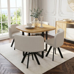 Btm 5 Piece Dining Set, 85X85Cm Square Dining Table With 4 Linen Chairs, Oak Finish And Beige Seats