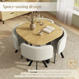 Btm 5 Piece Dining Set, 85X85Cm Square Dining Table With 4 Linen Chairs, Oak Finish And Beige Seats - thumbnail 5