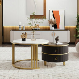 Btm 2-In-1 Mdf Round Coffee Table With Glossy Surface & White Marble Top, 2 Drawers, White & Black, Living Room Set