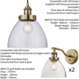 Ceiling Pendant & 2X Matching Wall Light Pack Antique Brass & Clear Glass Shade - thumbnail 2