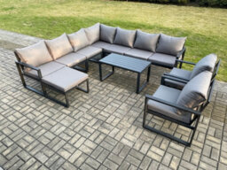 Fimous Aluminium Patio Outdoor Garden Furniture Lounge Corner Sofa Set With Oblong Coffee Table Big Footstool 2 Chair - thumbnail 1