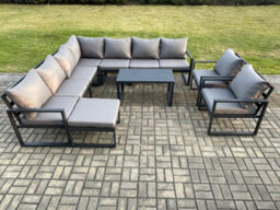 Fimous Aluminium Patio Outdoor Garden Furniture Lounge Corner Sofa Set With Oblong Coffee Table Big Footstool 2 Chair - thumbnail 2