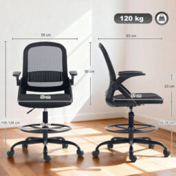 Mesh Painting Chair, Rolling Desk Chair With Flip Up Armrests, Black - thumbnail 2